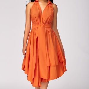 Orange Layered High Waist Asymmetric Hem Dress